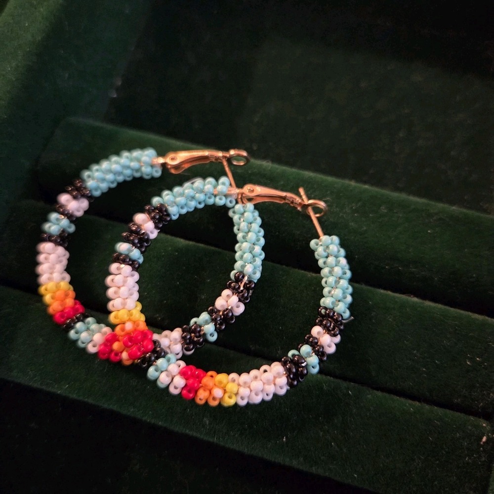 Southwestern Seed Bead Hoop Earrings Geometric Native Boho Turquoise Red Yellow